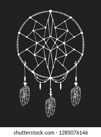 Hand drawn boho dream catcher with feathers in native bohemian, indian style. Magic aztec tribal ethnic tattoo.