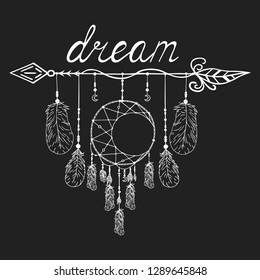 Hand drawn boho dream catcher tribal  tattoo in native bohemian, indian style. Magic aztec print.
