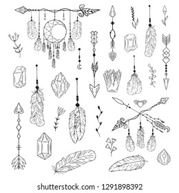 Hand drawn boho dream catcher, crystal, gem, feathers, floral pattern in native indian style. Tribal background. Vector isolated illustration.