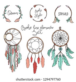 Hand drawn boho dream catcher, arrows and feathers, tribal pattern in indian style. Boho set in red and turquoise. Ethnic bohemian flourish tattoo.