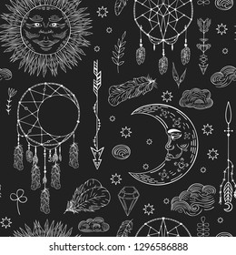 Hand drawn boho dream catcher, celestial sun, crescent moon with clouds and stars, arrows and feathers seamless pattern. Tribal  magic scandinavian print. Ethnic bohemian tattoo.