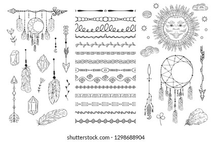 Hand drawn boho dream catcher, celestial sun, arrows and feathers, tribal ornate borders. Indian tattoo. Magic scandinavian pattern. Ethnic decoration dividers.