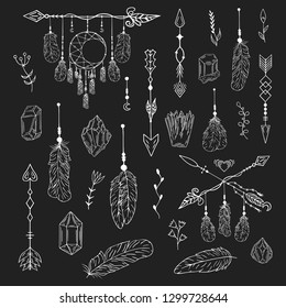 Hand drawn boho dream catcher, crystal, gem, feathers, floral pattern in indian style. Magic tribal background. Vector isolated illustration.