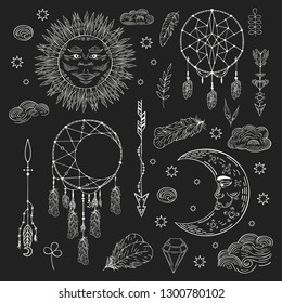 Hand drawn boho dream catcher, celestial sun, crescent moon with clouds and stars, arrows and feathers tribal decoration. Magic scandinavian pattern. Ethnic aztec tattoo.