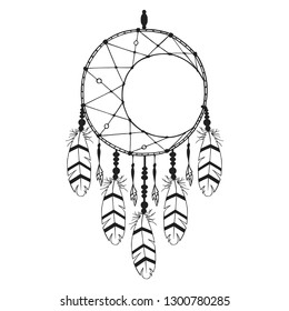 Hand drawn boho dream catcher in  indian style with feathers. Magic aztec moon tribal tattoo.