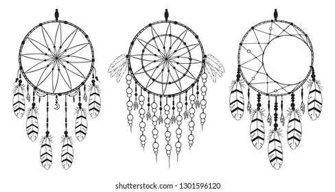 Hand drawn boho dream catcher collection in native indian style. Magic aztec tribal bohemian tattoo. Traditional print.
