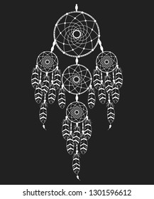 Hand drawn boho dream catcher in native indian style. Magic aztec tribal bohemian tattoo. Traditional print.