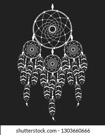 Hand drawn boho dream catcher in indian style. Magic tribal feather tattoo. Traditional aztec print.