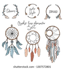 Hand drawn boho dream catcher,  feathers, tribal pattern in indian style. Magic scandinavian border. Boho set in brown and blue. Ethnic bohemian flourish tattoo.
