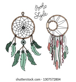 Hand drawn boho dream catcher  in indian style. Magic scandinavian border. Boho set in rose and green. Ethnic bohemian flourish tattoo.
