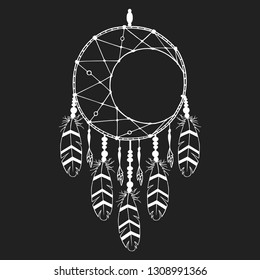 Hand drawn boho dream catcher in indian style. Magic tribal feather tattoo. Traditional aztec print.