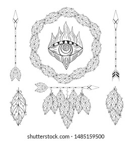 Hand drawn boho dream catcher, arrows, feather wreath and quills, hamsa symbol. Magic scandinavian border in indian style. Wedding gypsy frame.