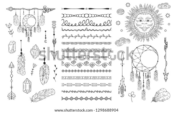 Hand drawn boho dream
catcher, celestial sun, arrows and feathers, tribal ornate borders.
Indian tattoo. Magic scandinavian pattern. Ethnic decoration
dividers.