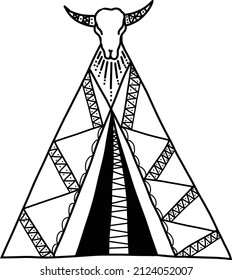 Hand Drawn Boho Ethnic Styled Wigwam with Skull on the top