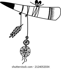 Hand Drawn Boho Ethnic Styled Tusk with Dream Catcher and Feather