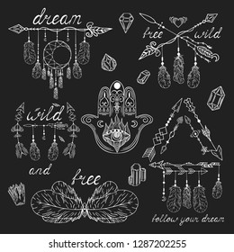 Hand drawn boho evil eye, dream catcher, arrows and feathers, hamsa tribal tattoo in bohemian, indian style. Magic scandinavian pattern. Ethnic frame.