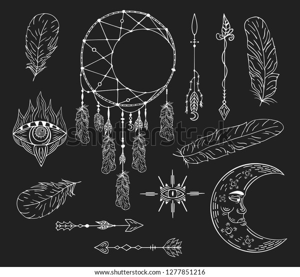 Hand drawn boho eye, dream catcher, arrows,\
feathers, moon tribal tattoo in native bohemian, indian style.\
Magic scandinavian print.