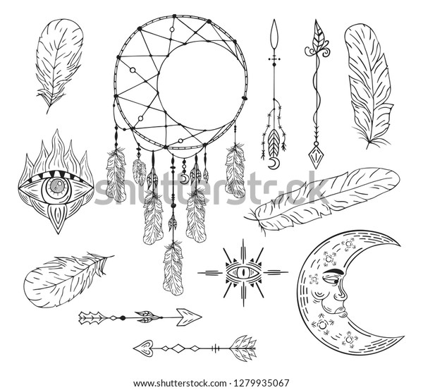 Hand drawn boho eye, dream catcher, arrows,
feathers, moon tribal tattoo in native bohemian, indian style.
Magic scandinavian
pattern.