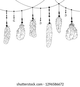 Hand drawn boho feathers border in native bohemian, indian style. Ink tribal aztec tattoo. Wedding card background.