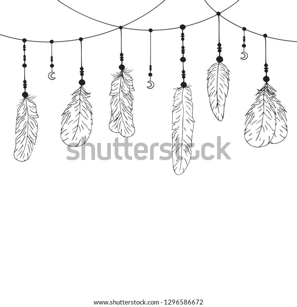 Hand drawn\
boho feathers border in native bohemian, indian style. Ink tribal\
aztec tattoo. Wedding card\
background.