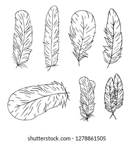 Hand drawn boho feathers in native bohemian, indian style. Ink tribal ethnic  tattoo. Scandinavian border.