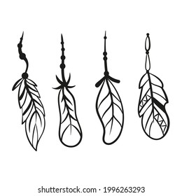 Hand drawn boho feathers set on white background. Stylized vector feathers in black and white style.