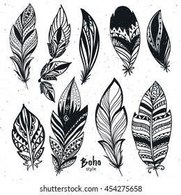 Hand drawn boho feathers set. Design elements collection. Vector illustration.