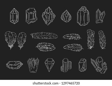 Hand drawn boho feathers, stones, crystals and gems in native indian style. Ink tribal aztec tattoo. Scandinavian dividers.