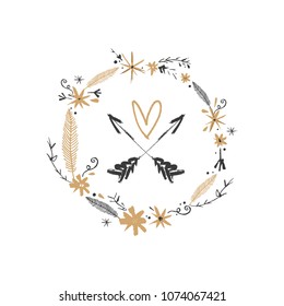 Hand drawn boho floral frame and love label. Decor elements. Vector, clipart, isolated.
