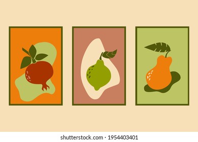 Hand drawn boho fruits and nature shapes set. Modern minimalism vector illustration, wall art poster, card, background.