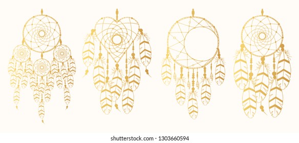 Hand drawn boho golden dream catcher collection in indian style. Magic tribal tattoo. Traditional aztec print.