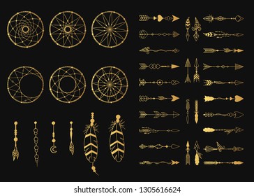 Hand drawn boho golden lace dream catcher creator and tribal arrows collection in native indian style. Navajo gold feathers. Magic aztec bohemian tattoo. Traditional print.
