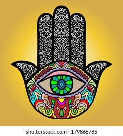 Hand drawn boho hamsa hand. Colorful background, lacy pattern, design element, vector sketch illustration