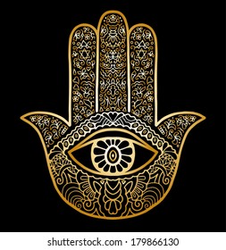 Hand drawn boho hamsa hand. Colorful background, lacy pattern, design element, vector sketch illustration