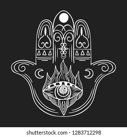 Hand drawn boho hamsa. Ethnic fatima hand in indian style. Mystical aztec print.