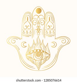 Hand drawn boho hamsa. Ethnic golden fatima hand in indian style. Mystical aztec gold print.