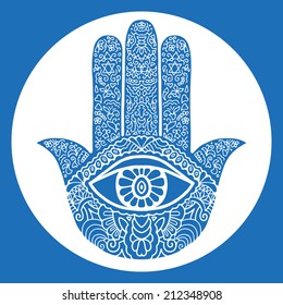 Hand drawn boho hamsa hands, protection amulet, symbol of strength and happiness, blue and white vector illustration