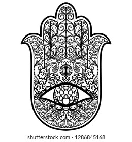 Hand drawn boho hamsa hand, protection amulet, symbol of strength and happiness. Black and white vector illustration