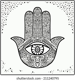 Hand drawn boho hamsa hand, protection amulet, symbol of strength and happiness. Black and white vector illustration