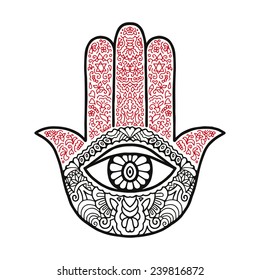 Hand drawn boho hamsa hand, protection amulet, symbol of strength and happiness. Black vector illustration