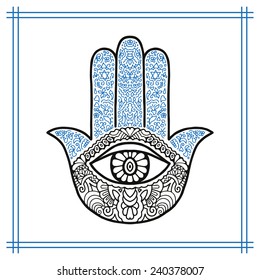 Hand drawn boho hamsa hand, protection amulet, symbol of strength and happiness. Black vector illustration