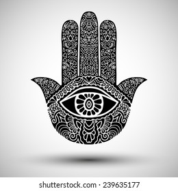 Hand drawn boho hamsa hand with shadow, protection amulet, symbol of strength and happiness. Black vector illustration