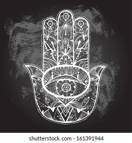 Hand drawn boho hamsa hand. Vector illustration on chalkboard background.