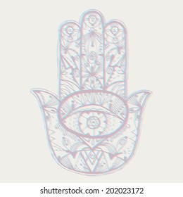 Hand drawn boho hamsa hand. Vector illustration with stereo effect.