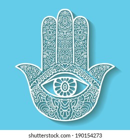 Hand drawn boho hamsa hand, white ornament on blue background, lace pattern, design element, vector ethnic sketch illustration