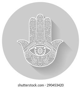 Hand drawn boho hamsa hand, white ornament on gray background, lace pattern, design element, vector ethnic sketch illustration