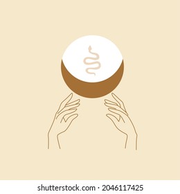 Hand drawn boho hands and moon art. Human hands moonlight logo or icon symbol. A phases of the Moon. Isolated on white background. Good for natural theme design, beauty industry, wedding postcards. 