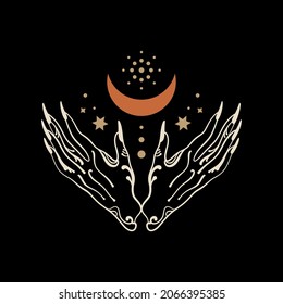 Hand drawn boho hands and moon art reiki holistic concept 