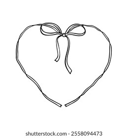 Hand drawn boho heart ribbon frame. Valentines Day, wedding, Save the Date romantic design element for invitations, greeting cards. Cute line drawing. Coquette flirty girly illustration