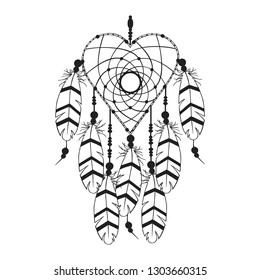 Hand drawn boho heart shape dream catcher in native indian style. Magic aztec tribal bohemian tattoo. Traditional print.